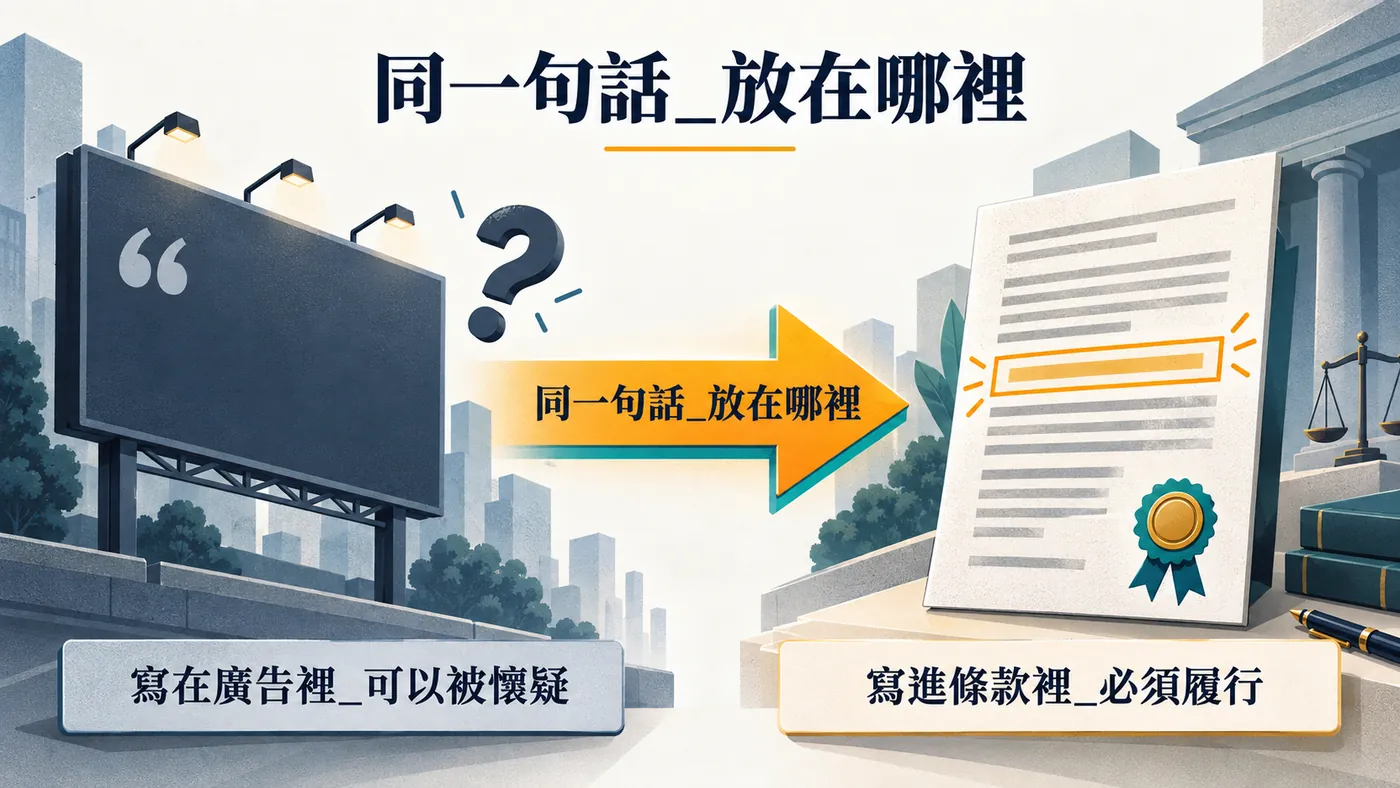 左邊是廣告看板上的一句主張標示可以被懷疑，右邊是保單條款上多出的一行標示必須履行