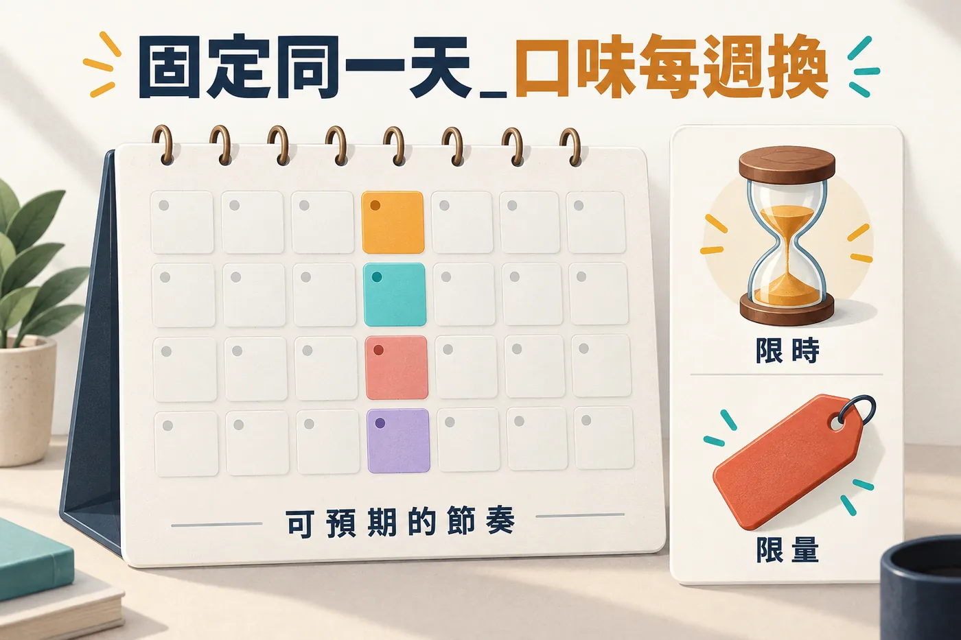 四週的日曆條，每週同一格被標成上新日，四格顏色各不同代表口味每週換，右側標示限時限量錯過就沒有