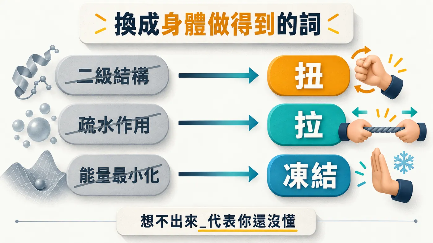 左欄三個專業術語被打叉，右欄對應三個身體做得到的動作詞，中間箭頭標示替換