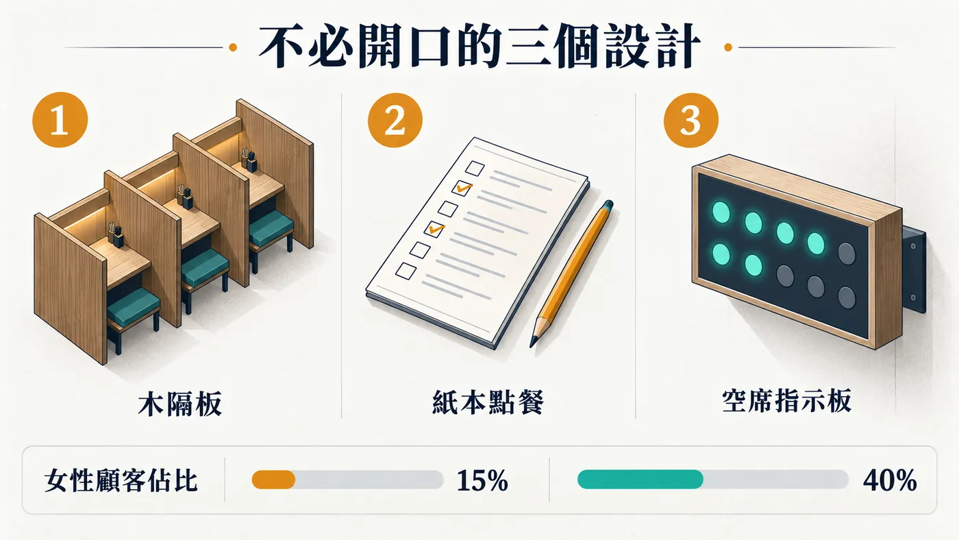 三個並排的編號面板，分別畫出俯視的單人隔板座、有勾選欄的紙本點餐單、牆上的空席指示燈板，底部是女性顧客佔比從 15% 到 40% 的長條對比
