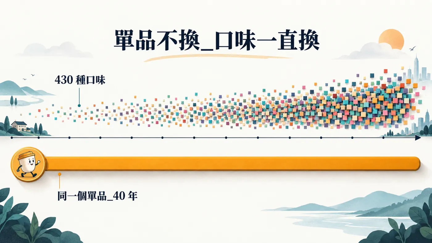 一條四十年的長時間軸，上方密集排著不同顏色的小方塊代表歷年口味，下方標示同一個單品從未輪替