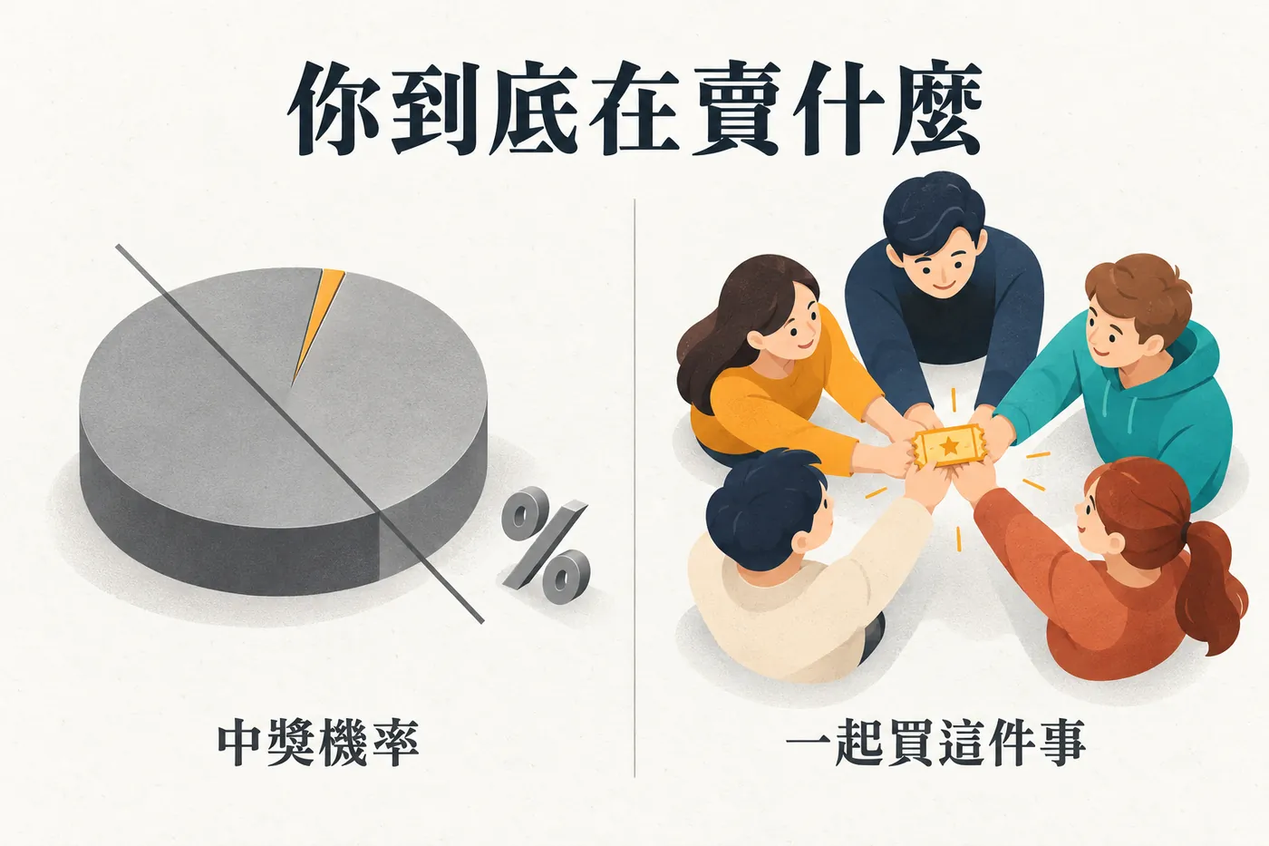 左邊是被打叉的中獎機率數字與統計圖，右邊是一群人的剪影一起把彩券湊在一起