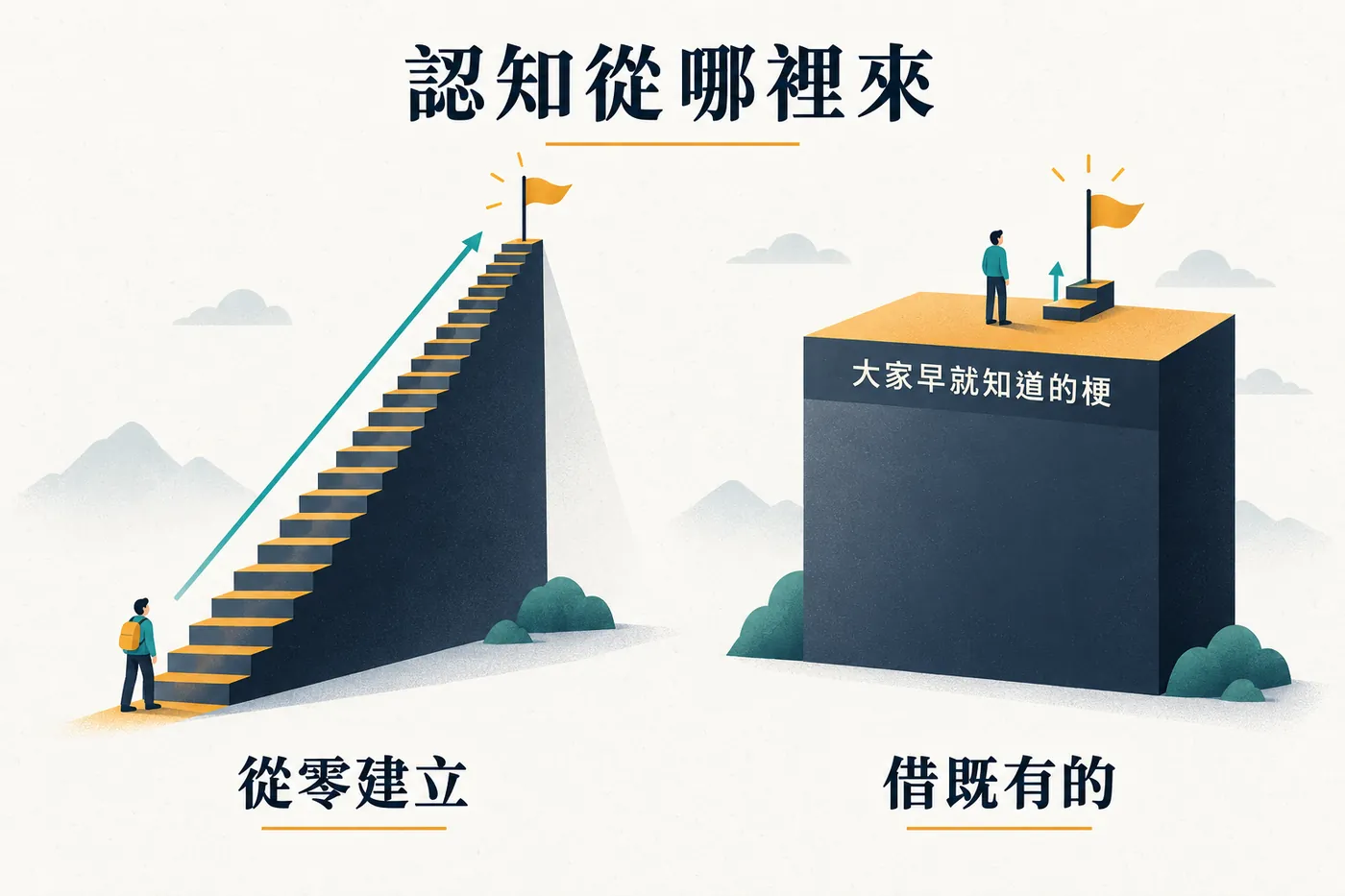 左邊從零開始建立認知的長階梯很高很費力，右邊直接站在既有認知的高台上只需跨一小步指向新目標