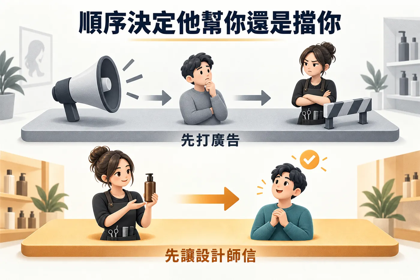 上路是先打大眾廣告讓消費者去指定結果設計師抗拒，下路是先讓設計師信再由設計師帶出消費者