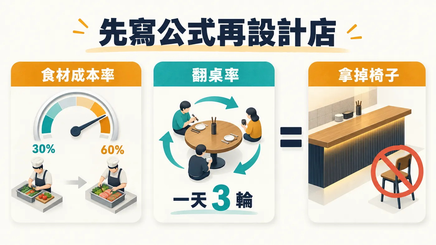 三步驟等式圖。第一格是成本率從三成拉到六成，第二格是翻桌率必須從一輪拉到三輪，第三格是拿掉椅子這個物理設計