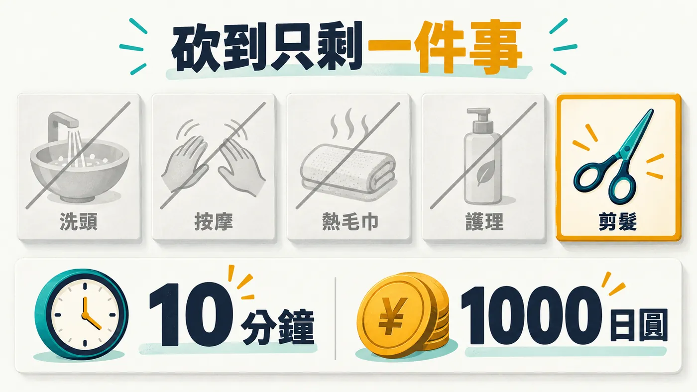 五個服務項目並排，洗頭、按摩、熱毛巾、護理四個被灰掉並畫上斜線，只有剪髮保留原色，下方是 10 分鐘與 1000 日圓