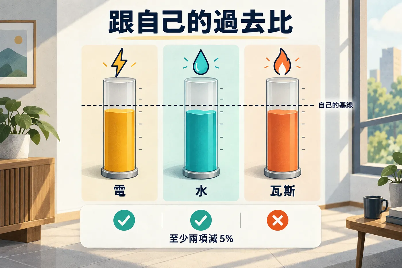 三個量表分別是電水瓦斯，各自標出自己過去六個月的基線與現在的用量，至少兩項低於基線百分之五才算達標