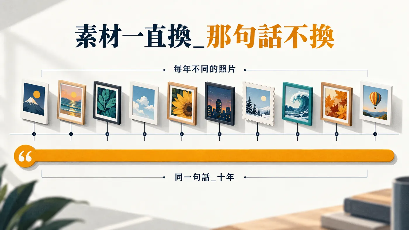 一條十年時間軸，上方每年掛著不同的使用者照片，下方那句標語從頭到尾完全沒有變過