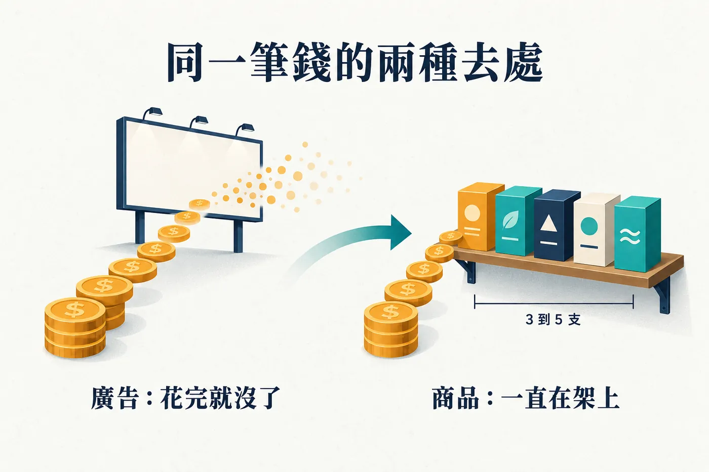 左邊一疊代表廣告預算的錢流進看板後消失，右邊同一筆錢變成三到五個貨架上的商品持續存在