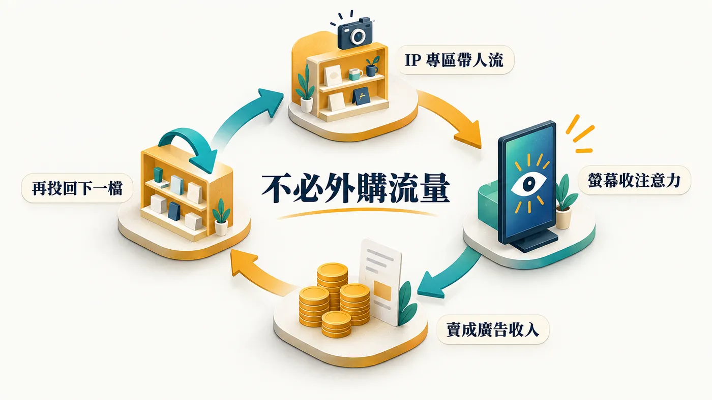 四步環狀循環：IP 專區帶人進店、動線上的螢幕產生注意力、注意力賣成廣告收入、收入再投回下一檔 IP