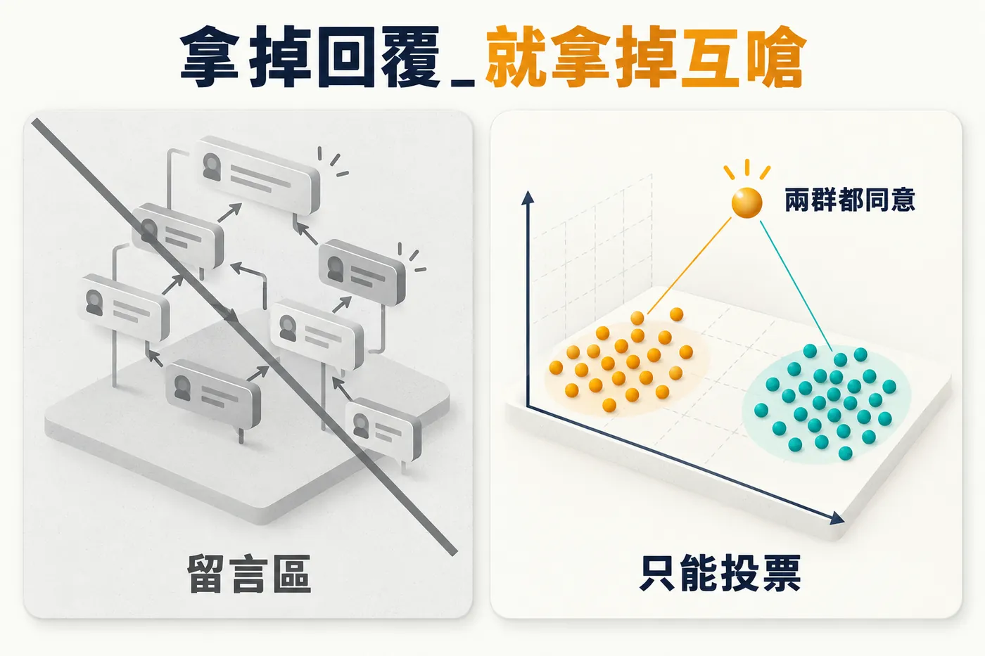 左邊是一般留言區的樹狀互嗆結構被打叉，右邊是散點分群圖，能讓不同群都同意的句子被推到中間上方