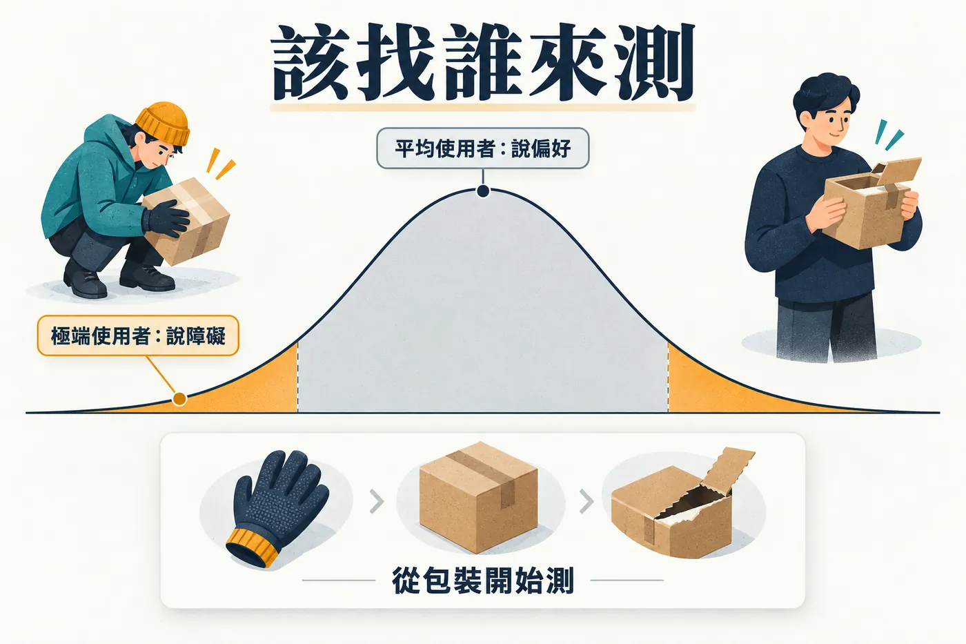 一條常態分布曲線，中間highest的區域標平均使用者只回報偏好，兩端標極端使用者回報障礙，下方是包裝拆封的測試